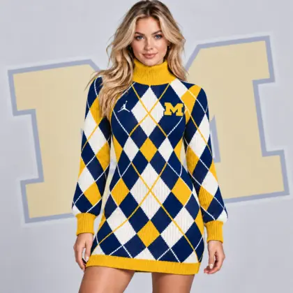 Michigan Wolverines | Premium NCAA Women's Classic Argyle Diamond Pattern Turtleneck Long Sleeve Knit Sweater Mini Dress NDN