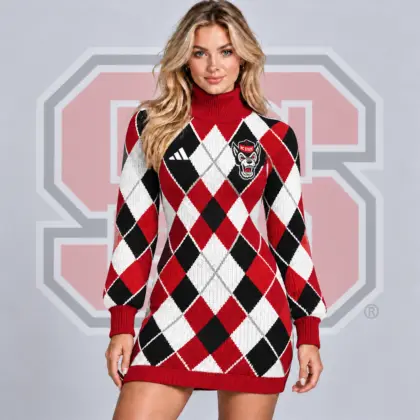 Nc State Wolfpack | Premium NCAA Women's Classic Argyle Diamond Pattern Turtleneck Long Sleeve Knit Sweater Mini Dress NDN