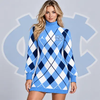 North Carolina Tar Heels | Premium NCAA Women's Classic Argyle Diamond Pattern Turtleneck Long Sleeve Knit Sweater Mini Dress NDN