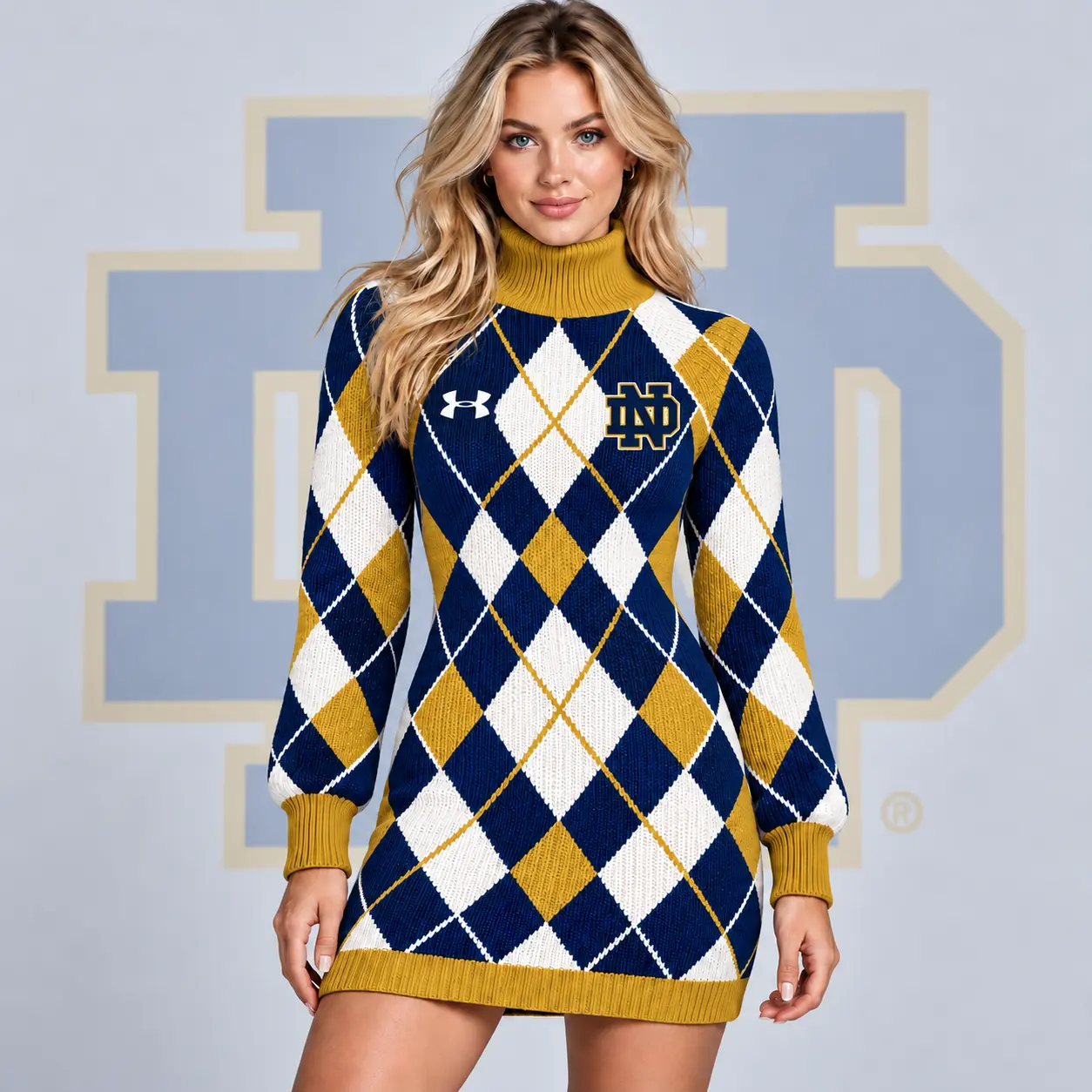 Notre Dame Fighting Irish | Premium NCAA Women's Classic Argyle Diamond Pattern Turtleneck Long Sleeve Knit Sweater Mini Dress NDN