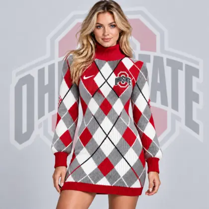 Ohio State Buckeyes | Premium NCAA Women's Classic Argyle Diamond Pattern Turtleneck Long Sleeve Knit Sweater Mini Dress NDN