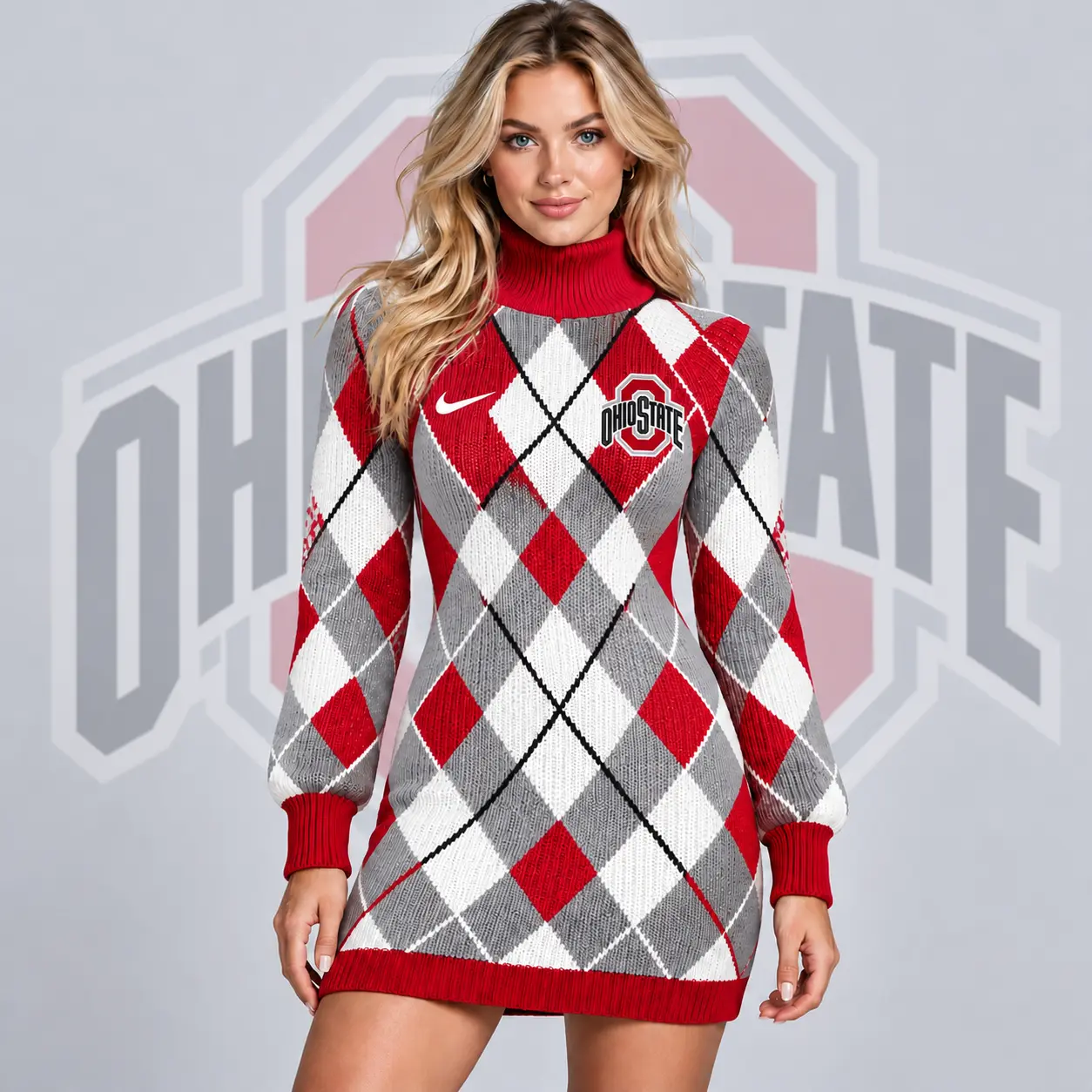 Ohio State Buckeyes | Premium NCAA Women's Classic Argyle Diamond Pattern Turtleneck Long Sleeve Knit Sweater Mini Dress NDN