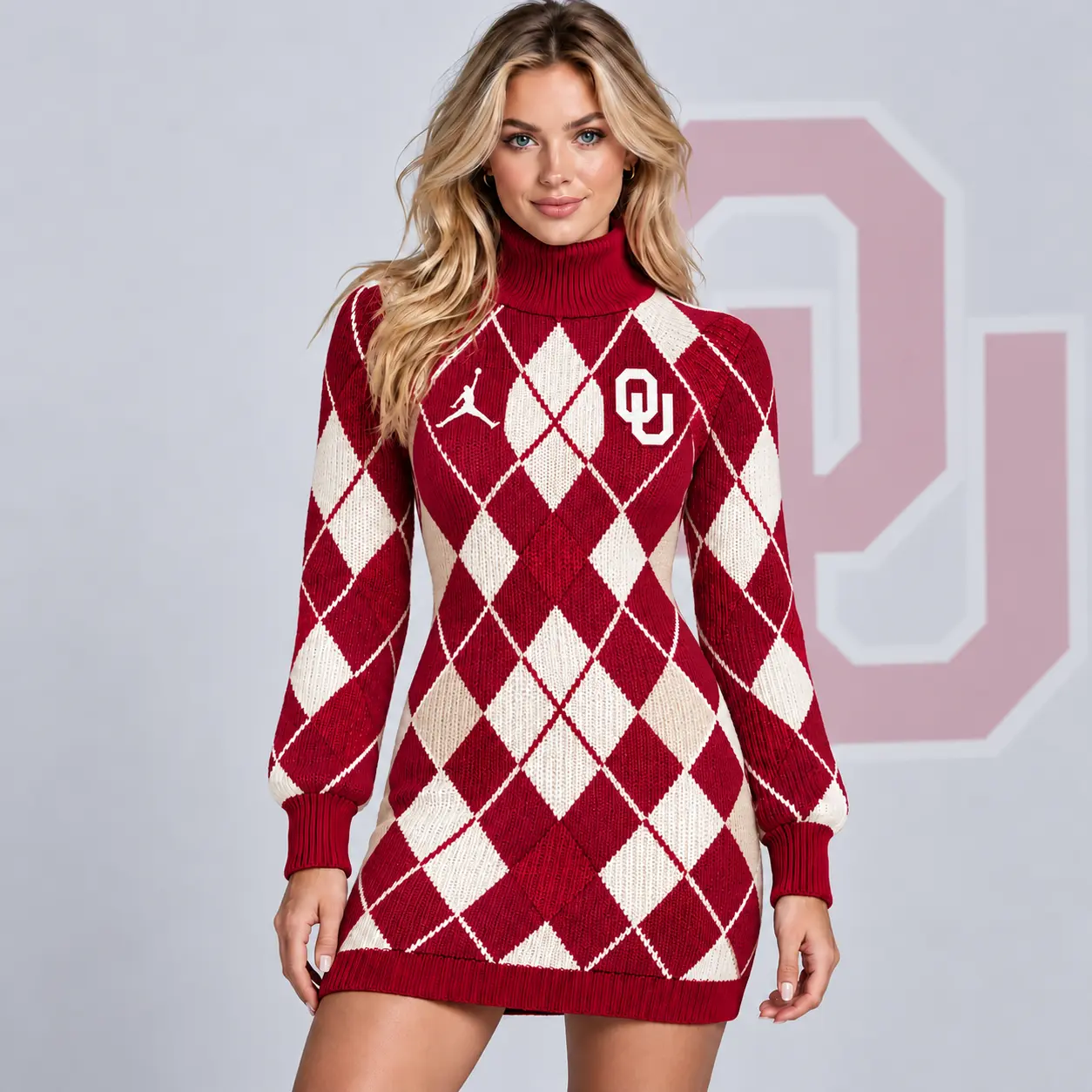 Oklahoma Sooners | Premium NCAA Women's Classic Argyle Diamond Pattern Turtleneck Long Sleeve Knit Sweater Mini Dress NDN