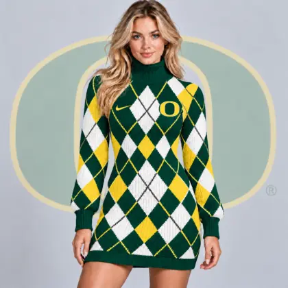 Oregon Ducks | Premium NCAA Women's Classic Argyle Diamond Pattern Turtleneck Long Sleeve Knit Sweater Mini Dress NDN