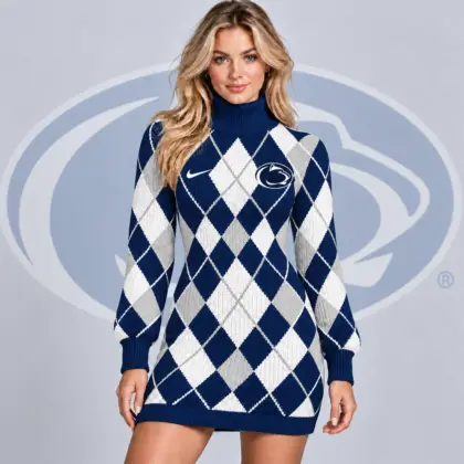 Penn State Nittany Lions | Premium NCAA Women's Classic Argyle Diamond Pattern Turtleneck Long Sleeve Knit Sweater Mini Dress NDN