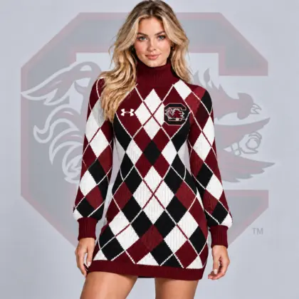 South Carolina Gamecocks | Premium NCAA Women's Classic Argyle Diamond Pattern Turtleneck Long Sleeve Knit Sweater Mini Dress NDN