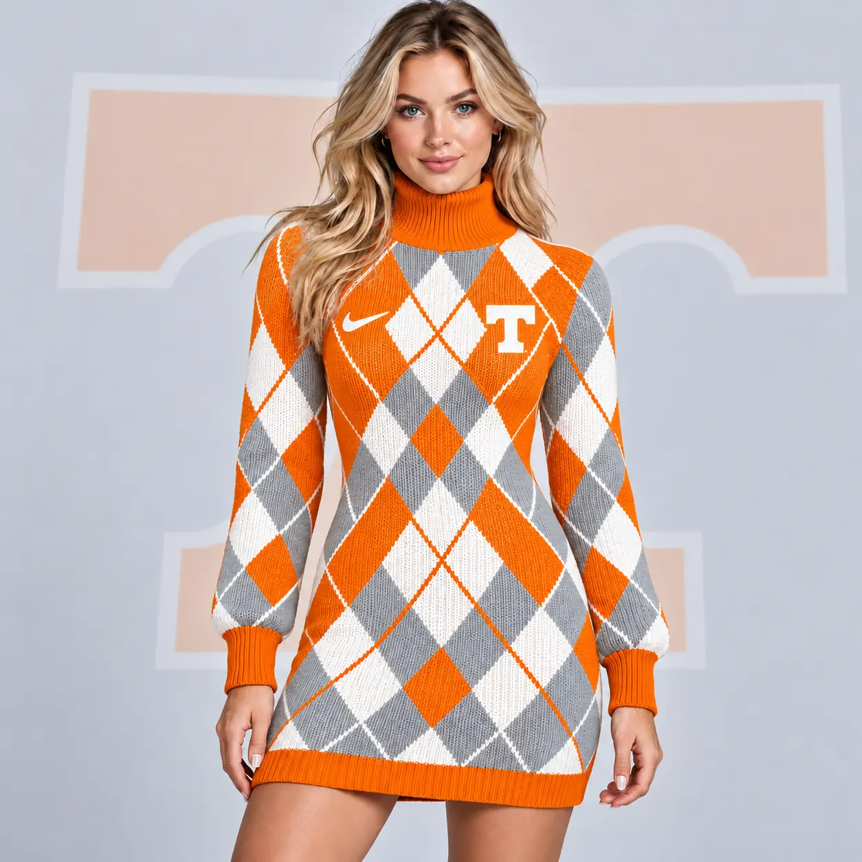 Tennessee Volunteers | Premium NCAA Women's Classic Argyle Diamond Pattern Turtleneck Long Sleeve Knit Sweater Mini Dress NDN