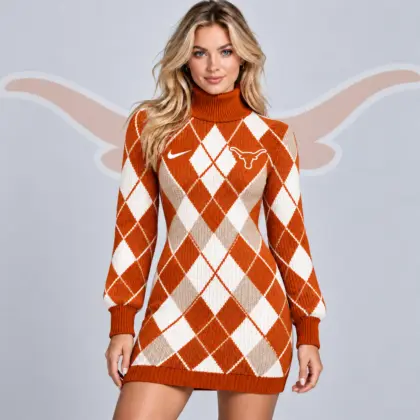 Texas Longhorns | Premium NCAA Women's Classic Argyle Diamond Pattern Turtleneck Long Sleeve Knit Sweater Mini Dress NDN