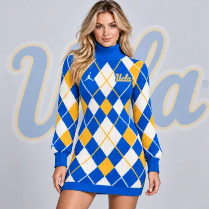 Ucla Bruins | Premium NCAA Women's Classic Argyle Diamond Pattern Turtleneck Long Sleeve Knit Sweater Mini Dress NDN