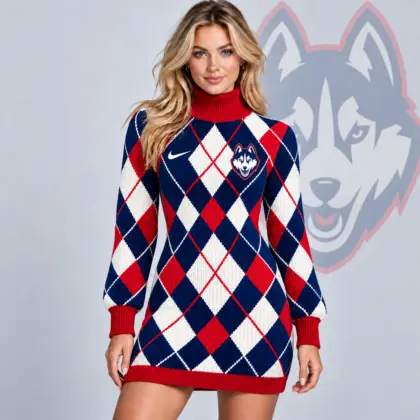 Uconn Huskies | Premium NCAA Women's Classic Argyle Diamond Pattern Turtleneck Long Sleeve Knit Sweater Mini Dress NDN
