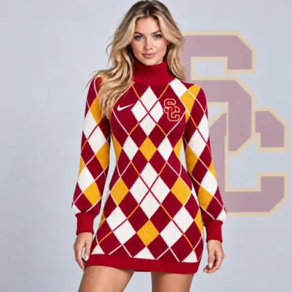 Usc Trojans | Premium NCAA Women's Classic Argyle Diamond Pattern Turtleneck Long Sleeve Knit Sweater Mini Dress NDN