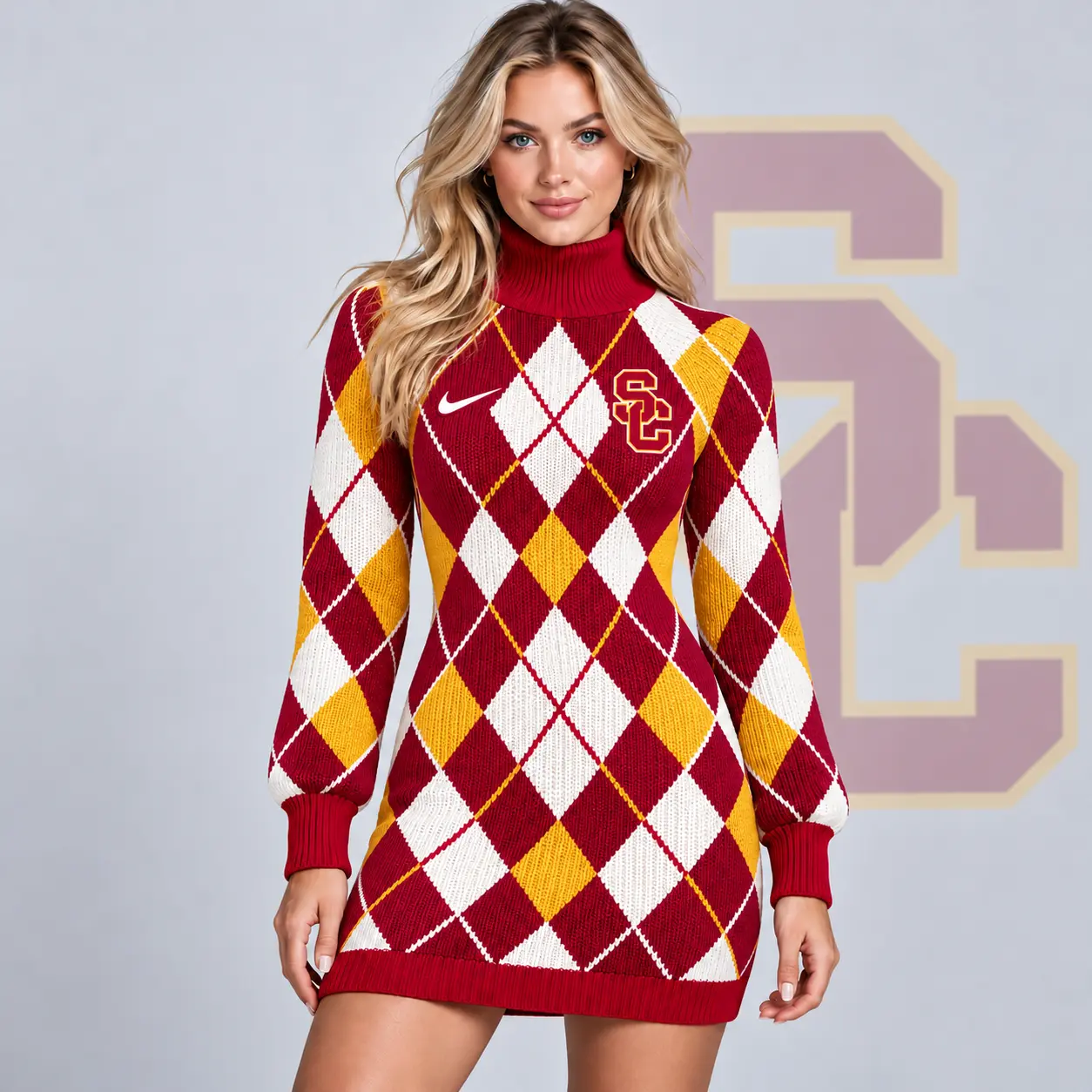 Usc Trojans | Premium NCAA Women's Classic Argyle Diamond Pattern Turtleneck Long Sleeve Knit Sweater Mini Dress NDN