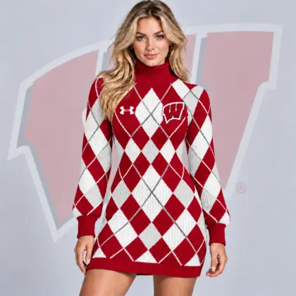 Wisconsin Badgers | Premium NCAA Women's Classic Argyle Diamond Pattern Turtleneck Long Sleeve Knit Sweater Mini Dress NDN
