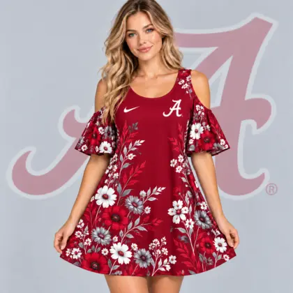 Alabama Crimson Tide | Premium NCAA Women's Romantic Floral Print Cold Shoulder Flutter Sleeve A Line Mini Dress NDN