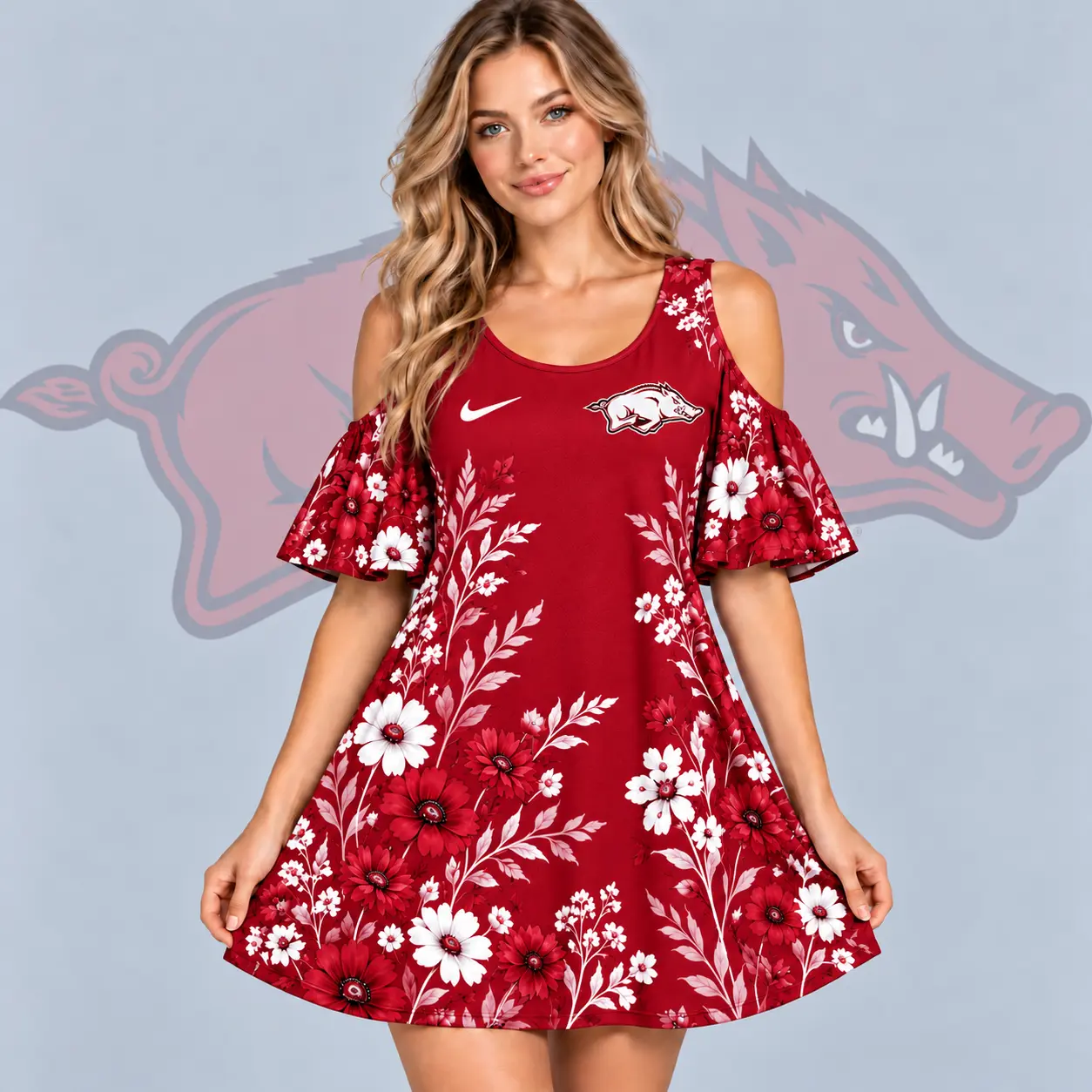 Arkansas Razorbacks | Premium NCAA Women's Romantic Floral Print Cold Shoulder Flutter Sleeve A Line Mini Dress NDN