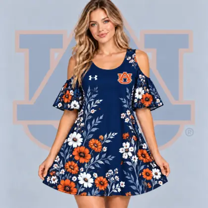 Auburn Tigers | Premium NCAA Women's Romantic Floral Print Cold Shoulder Flutter Sleeve A Line Mini Dress NDN