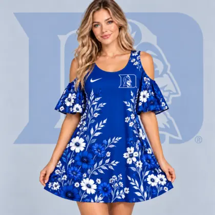 Duke Blue Devils | Premium NCAA Women's Romantic Floral Print Cold Shoulder Flutter Sleeve A Line Mini Dress NDN