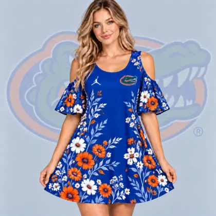 Florida Gators | Premium NCAA Women's Romantic Floral Print Cold Shoulder Flutter Sleeve A Line Mini Dress NDN