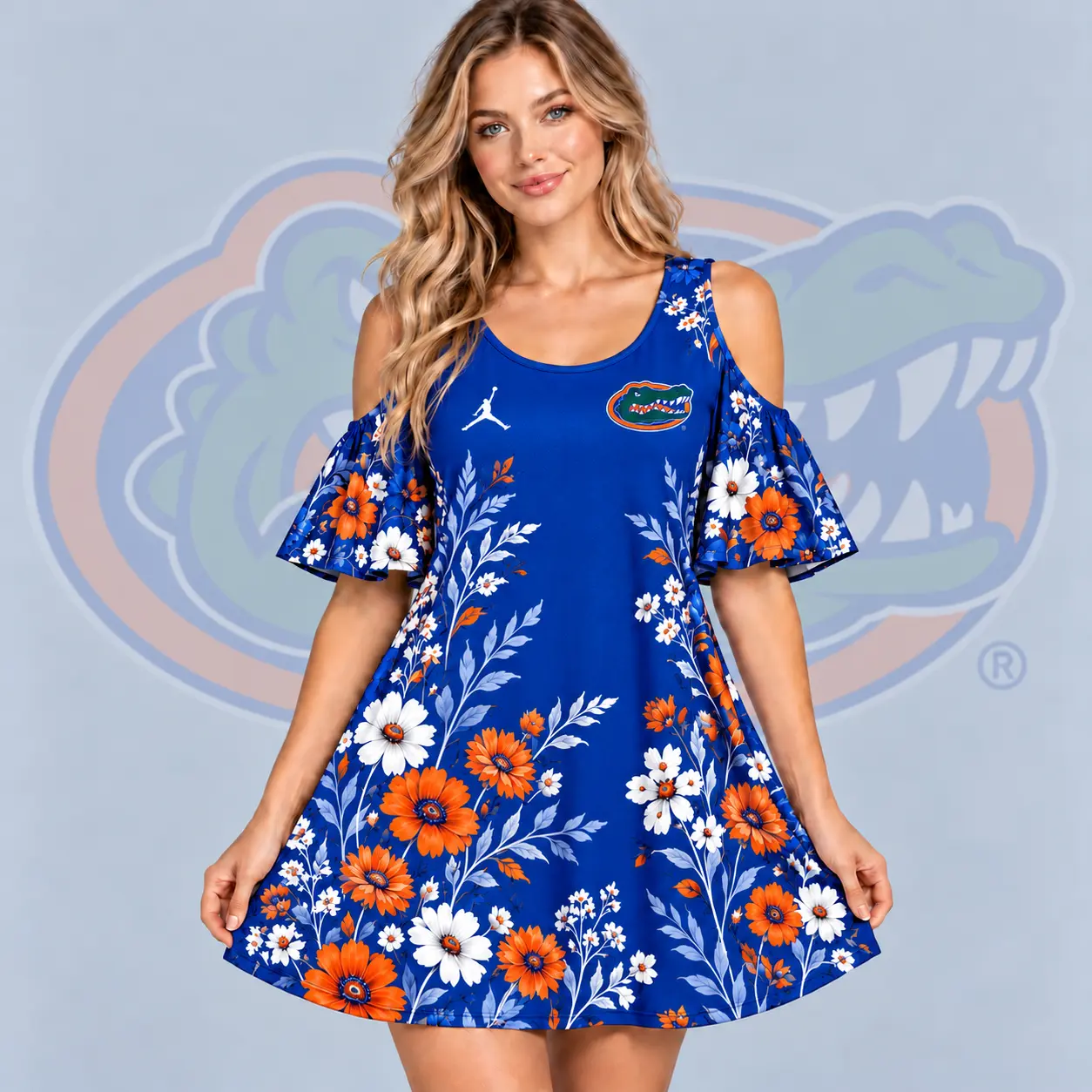 Florida Gators | Premium NCAA Women's Romantic Floral Print Cold Shoulder Flutter Sleeve A Line Mini Dress NDN