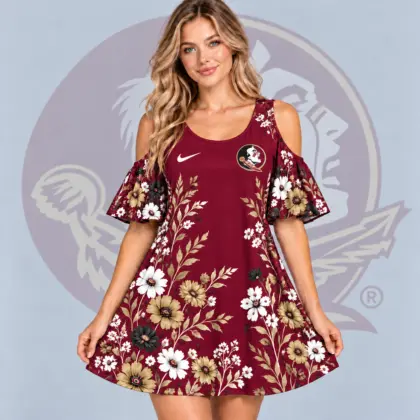 Florida State Seminoles | Premium NCAA Women's Romantic Floral Print Cold Shoulder Flutter Sleeve A Line Mini Dress NDN