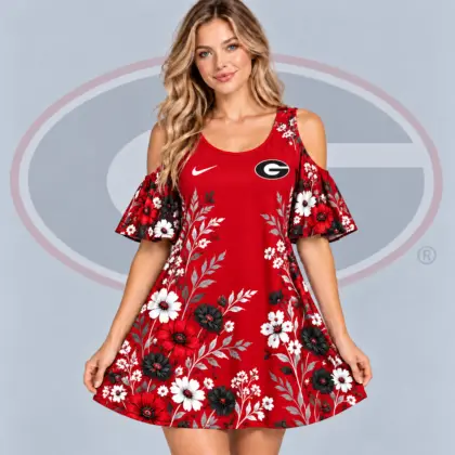 Georgia Bulldogs | Premium NCAA Women's Romantic Floral Print Cold Shoulder Flutter Sleeve A Line Mini Dress NDN