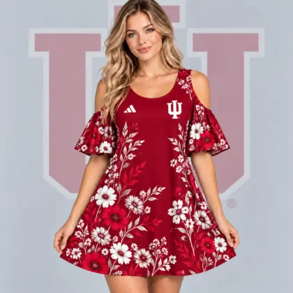 Indiana Hoosiers | Premium NCAA Women's Romantic Floral Print Cold Shoulder Flutter Sleeve A Line Mini Dress NDN