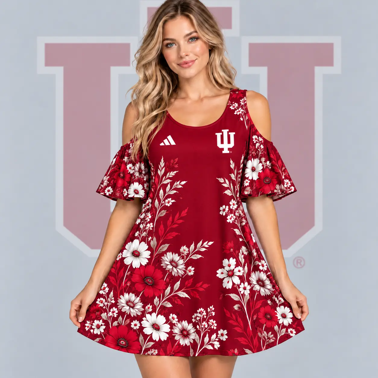 Indiana Hoosiers | Premium NCAA Women's Romantic Floral Print Cold Shoulder Flutter Sleeve A Line Mini Dress NDN