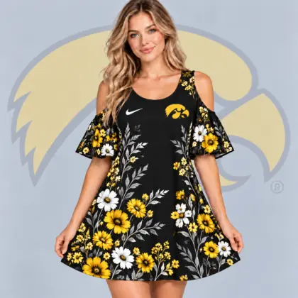 Iowa Hawkeyes | Premium NCAA Women's Romantic Floral Print Cold Shoulder Flutter Sleeve A Line Mini Dress NDN