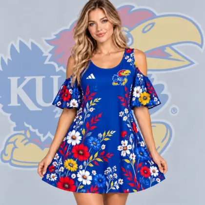 Kansas Jayhawks | Premium NCAA Women's Romantic Floral Print Cold Shoulder Flutter Sleeve A Line Mini Dress NDN