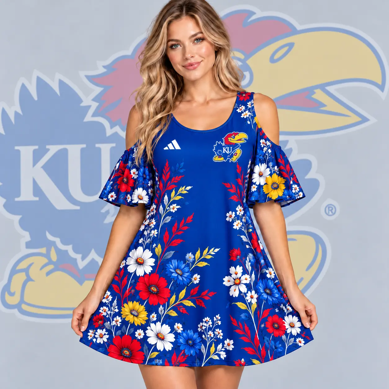 Kansas Jayhawks | Premium NCAA Women's Romantic Floral Print Cold Shoulder Flutter Sleeve A Line Mini Dress NDN