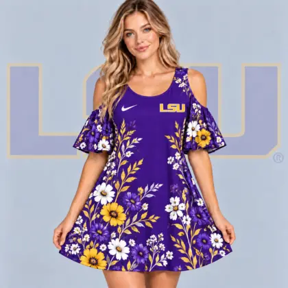 Lsu Tigers | Premium NCAA Women's Romantic Floral Print Cold Shoulder Flutter Sleeve A Line Mini Dress NDN