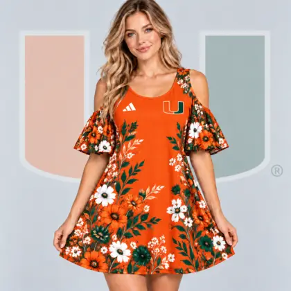 Miami Hurricanes | Premium NCAA Women's Romantic Floral Print Cold Shoulder Flutter Sleeve A Line Mini Dress NDN