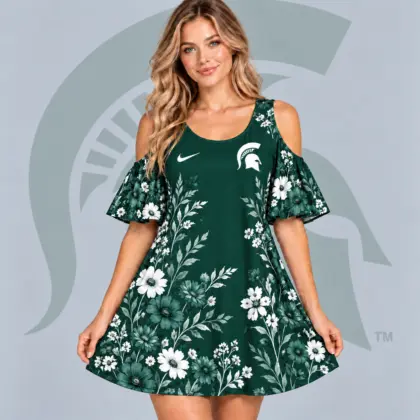 Michigan State Spartans | Premium NCAA Women's Romantic Floral Print Cold Shoulder Flutter Sleeve A Line Mini Dress NDN