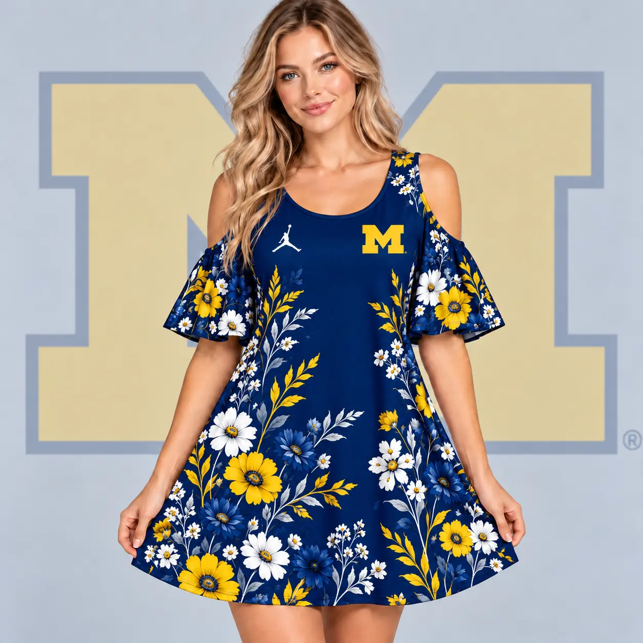 Michigan Wolverines | Premium NCAA Women's Romantic Floral Print Cold Shoulder Flutter Sleeve A Line Mini Dress NDN
