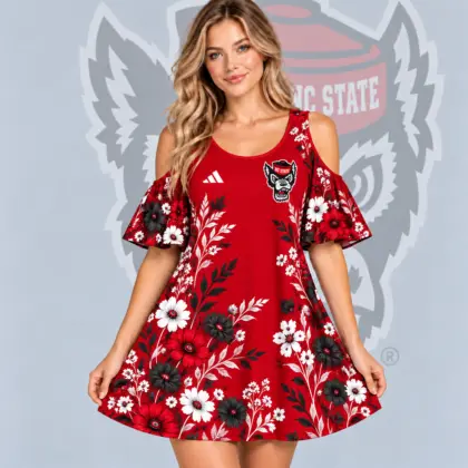 Nc State Wolfpack | Premium NCAA Women's Romantic Floral Print Cold Shoulder Flutter Sleeve A Line Mini Dress NDN