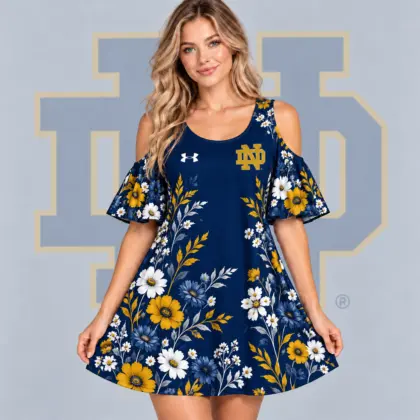 Notre Dame Fighting Irish | Premium NCAA Women's Romantic Floral Print Cold Shoulder Flutter Sleeve A Line Mini Dress NDN