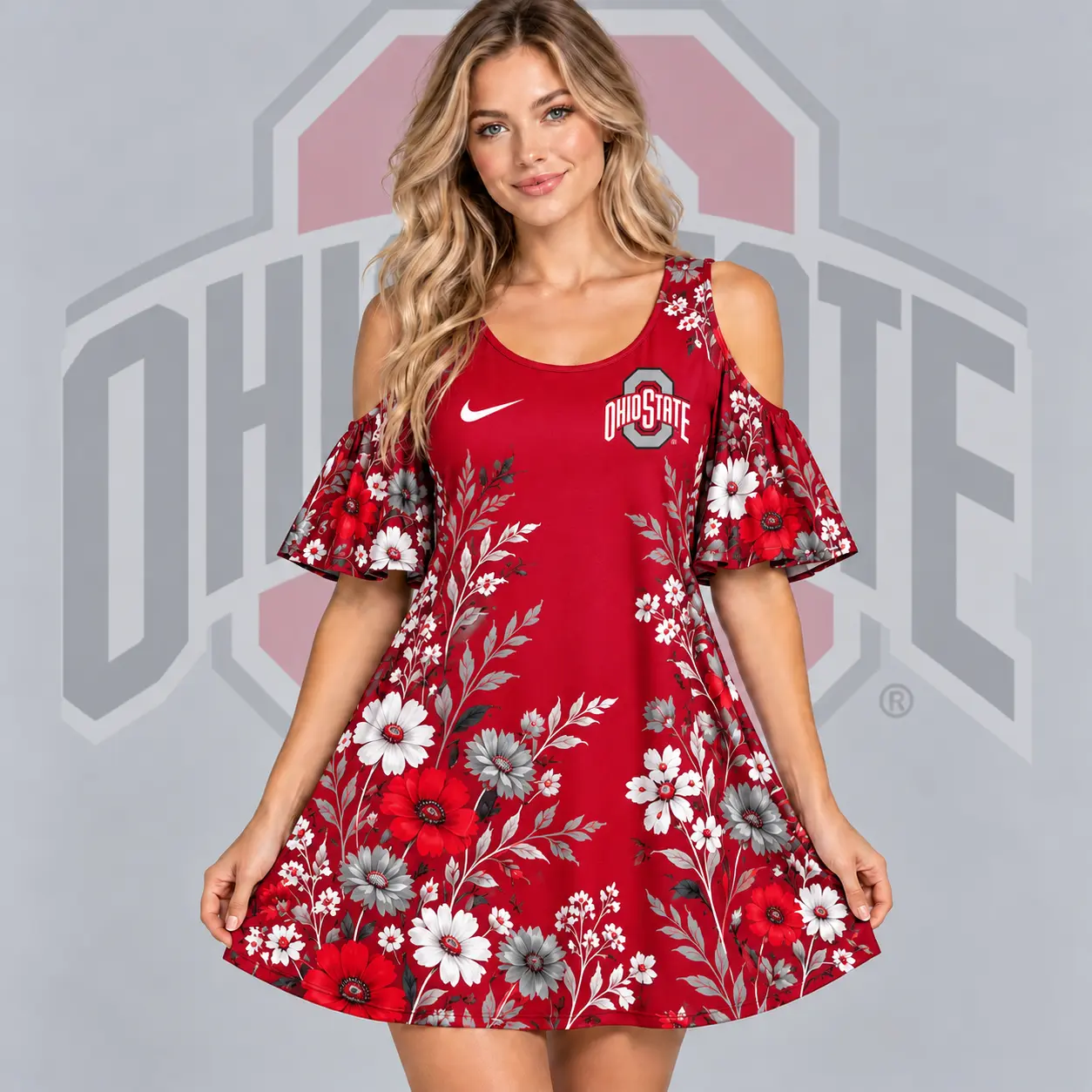 Ohio State Buckeyes | Premium NCAA Women's Romantic Floral Print Cold Shoulder Flutter Sleeve A Line Mini Dress NDN