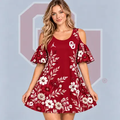 Oklahoma Sooners | Premium NCAA Women's Romantic Floral Print Cold Shoulder Flutter Sleeve A Line Mini Dress NDN