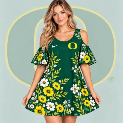 Oregon Ducks | Premium NCAA Women's Romantic Floral Print Cold Shoulder Flutter Sleeve A Line Mini Dress NDN