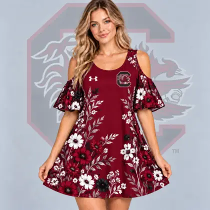 South Carolina Gamecocks | Premium NCAA Women's Romantic Floral Print Cold Shoulder Flutter Sleeve A Line Mini Dress NDN