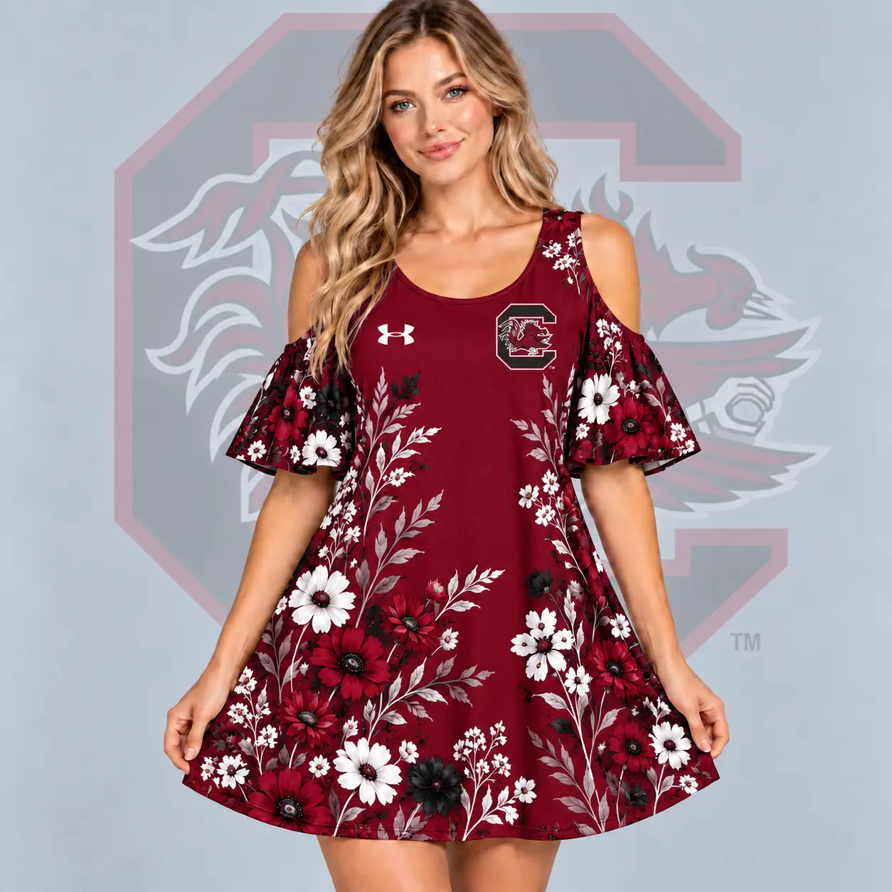 South Carolina Gamecocks | Premium NCAA Women's Romantic Floral Print Cold Shoulder Flutter Sleeve A Line Mini Dress NDN