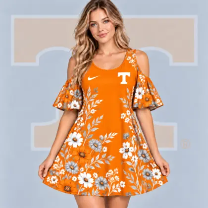 Tennessee Volunteers | Premium NCAA Women's Romantic Floral Print Cold Shoulder Flutter Sleeve A Line Mini Dress NDN