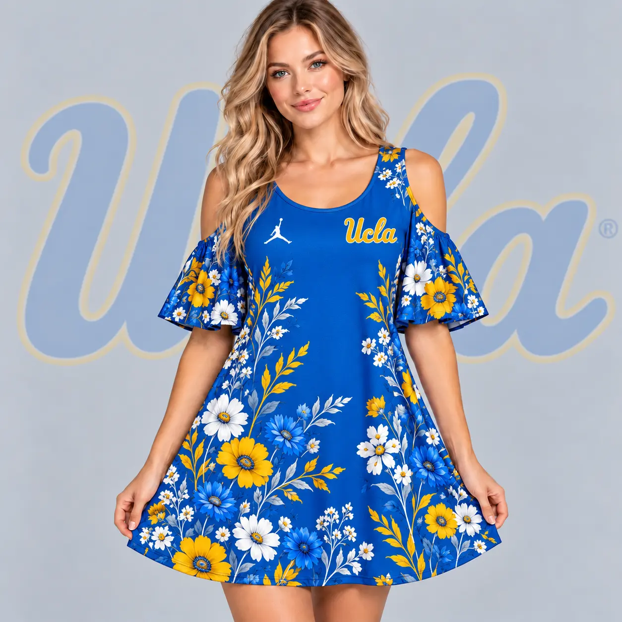 Ucla Bruins | Premium NCAA Women's Romantic Floral Print Cold Shoulder Flutter Sleeve A Line Mini Dress NDN