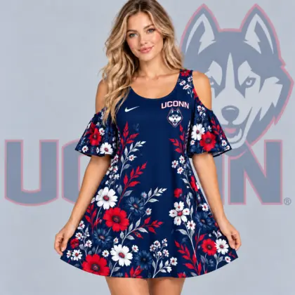 Uconn Huskies | Premium NCAA Women's Romantic Floral Print Cold Shoulder Flutter Sleeve A Line Mini Dress NDN