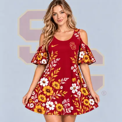 Usc Trojans | Premium NCAA Women's Romantic Floral Print Cold Shoulder Flutter Sleeve A Line Mini Dress NDN