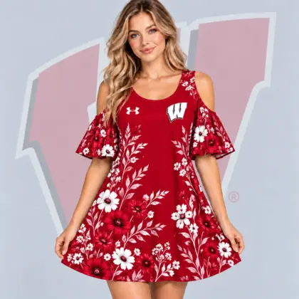 Wisconsin Badgers | Premium NCAA Women's Romantic Floral Print Cold Shoulder Flutter Sleeve A Line Mini Dress NDN