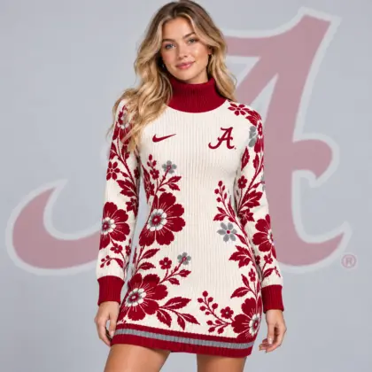 Alabama Crimson Tide | Premium NCAA Women's Vintage Floral Knit Turtleneck Long Sleeve Bodycon Sweater Mini Dress NDN