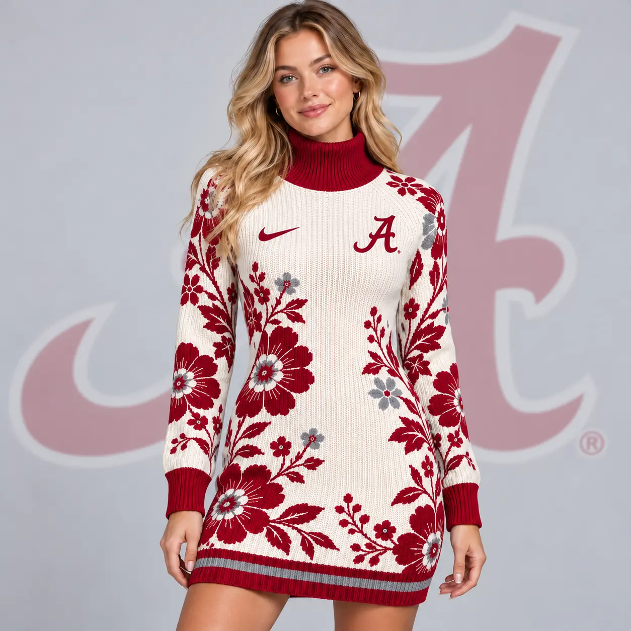 Alabama Crimson Tide | Premium NCAA Women's Vintage Floral Knit Turtleneck Long Sleeve Bodycon Sweater Mini Dress NDN