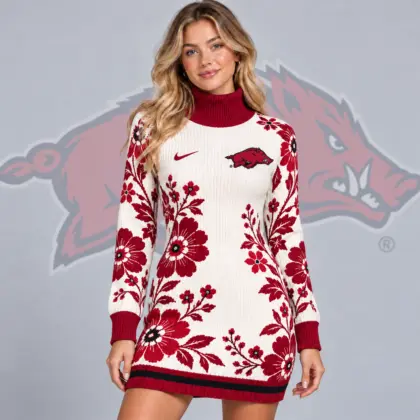 Arkansas Razorbacks | Premium NCAA Women's Vintage Floral Knit Turtleneck Long Sleeve Bodycon Sweater Mini Dress NDN