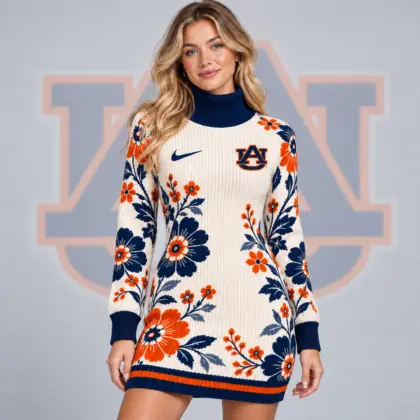 Auburn Tigers | Premium NCAA Women's Vintage Floral Knit Turtleneck Long Sleeve Bodycon Sweater Mini Dress NDN